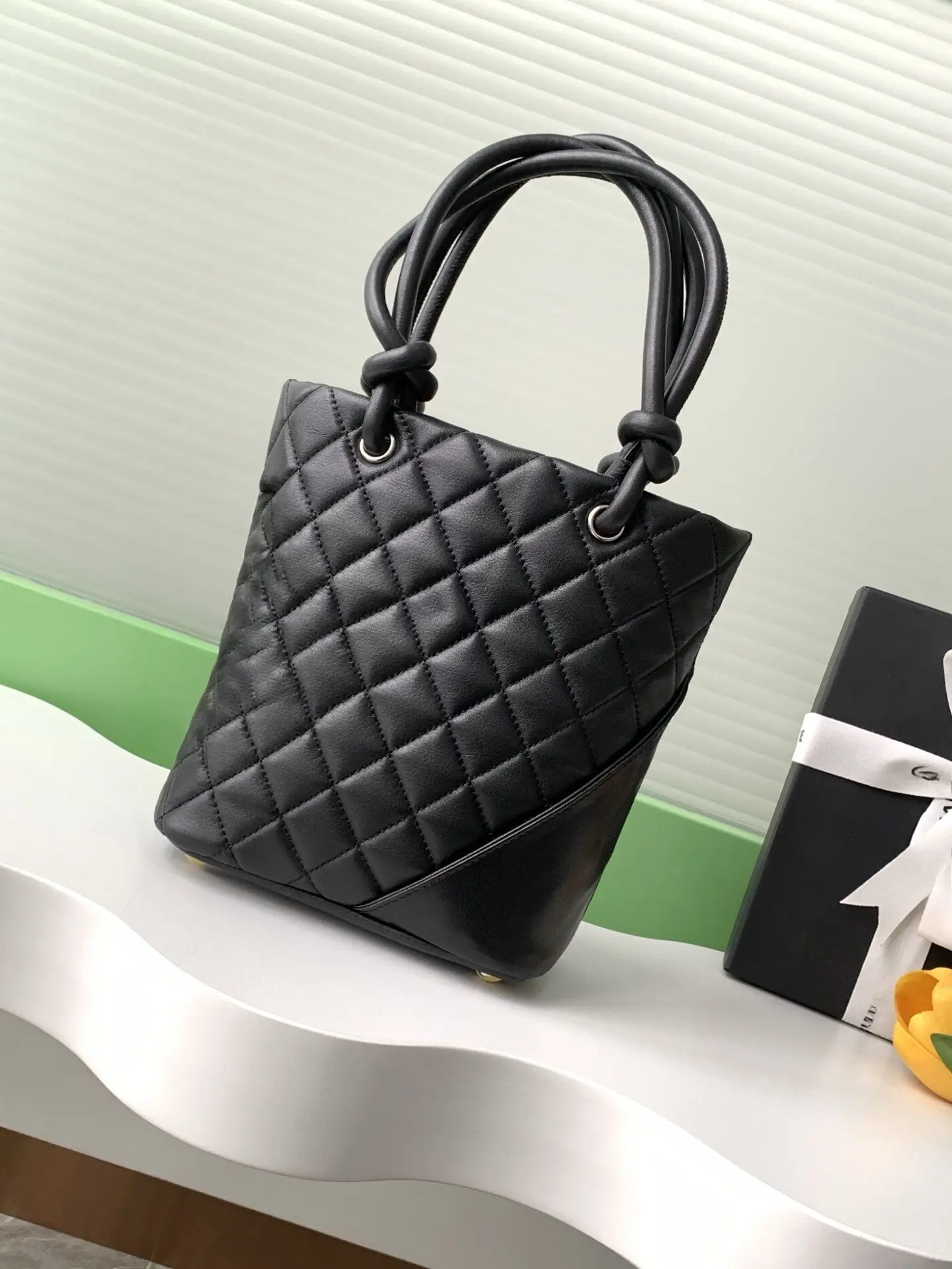Black Diamond Quilted Knot Handle Mini Tote Bag for Women, Trapezoid Small Bag, Hand & Crossbody Purse