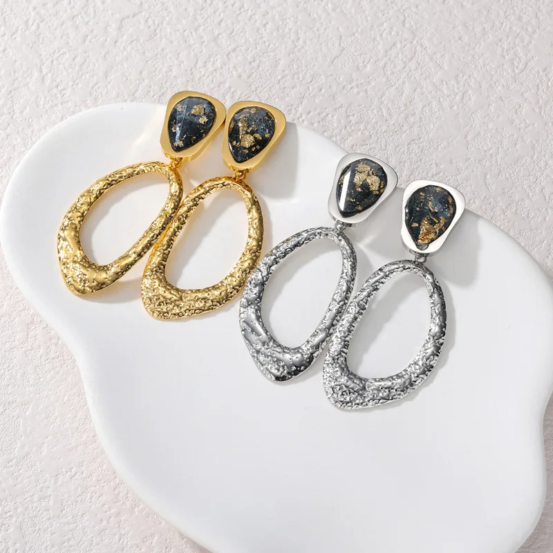 Hypoallergenic 18K Gold Plated Stainless Steel Textured Dangle Earrings Dark Gem Decor Women's Elegant Jewelry