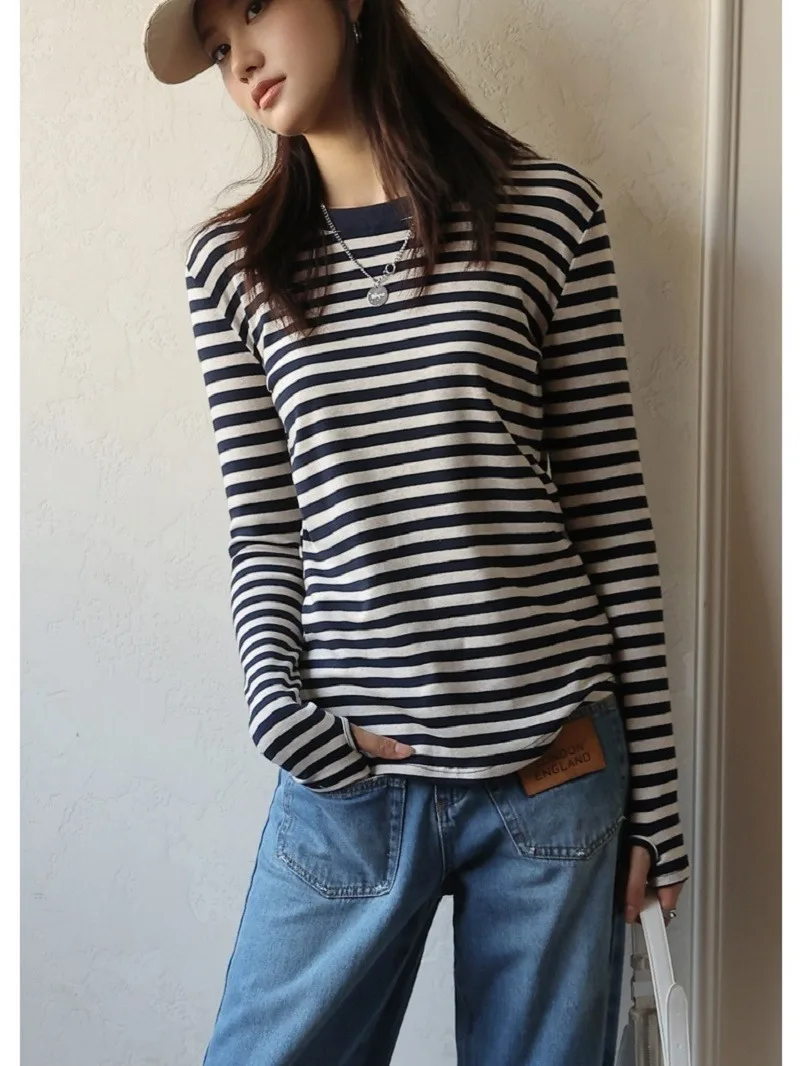 2023 New Green Stripe T-shirt Women's Long Sleeve Spring and Autumn Small Shirt Top with Underlay Top Autumn Women's T-shirt