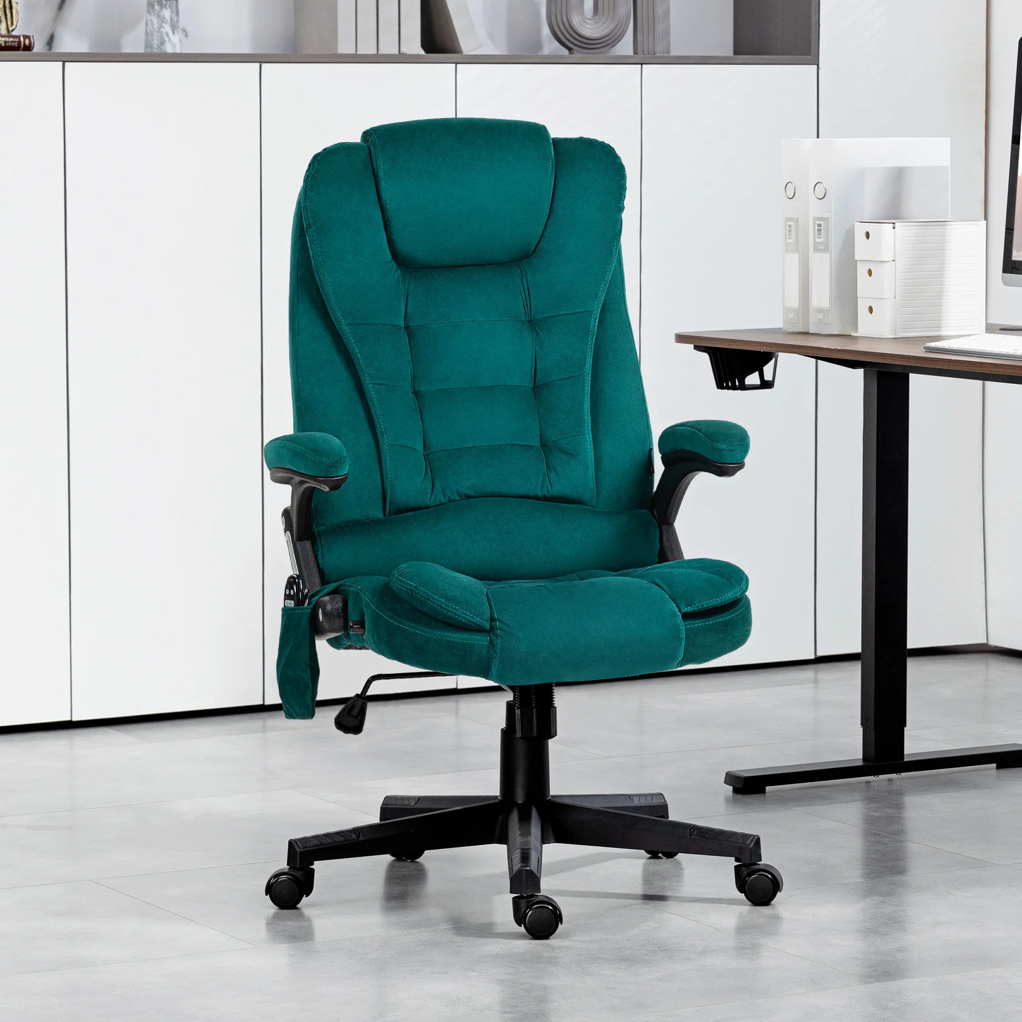 6 Point Executive Office Chair with Heat, Velvet High Back Vibrating Massage Office Chair, Dark Green