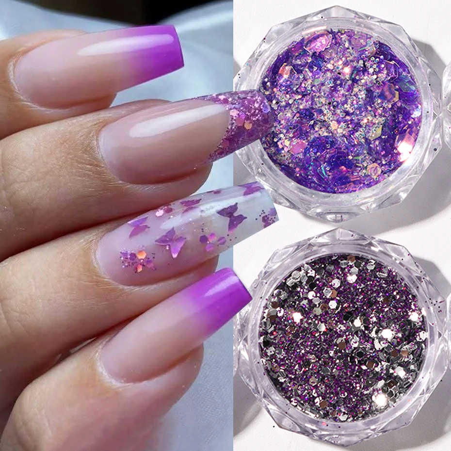 6 Boxes/Set Mixed Reflective Purple Chunky Holographic Nail Glitter Hexagon Powder Pigment Dust Y2K Gorgeous Nail Art Decoration