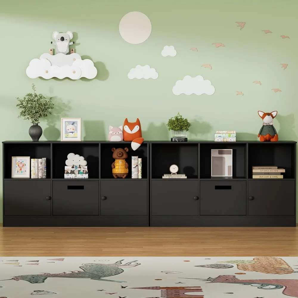 ตู้หนังสือแบบเปิด 2 ชั้น 2 ประตู, ชั้นวางหนังสือไม้ 6 ช่องพร้อมลิ้นชักผ้า, ตู้โชว์แบบตั้งพื้น, สำหรับเด็ก