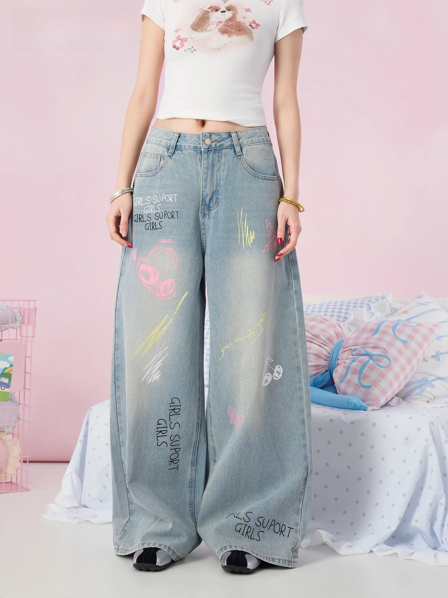 

Новые весенние джинсы в американском ретро-стиле, свободные, широкие, женские, из хлопка, с высокой талией