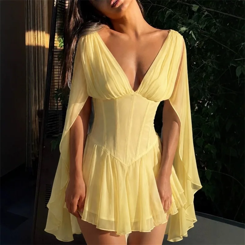 robe-de-bal-jaune-elegante-col-en-v-profond-manches-cape-plissees-corset-coupe-ajustee-mini-robe-de-soiree-ourlet-volante-robe-de-soiree-d'anniversaire