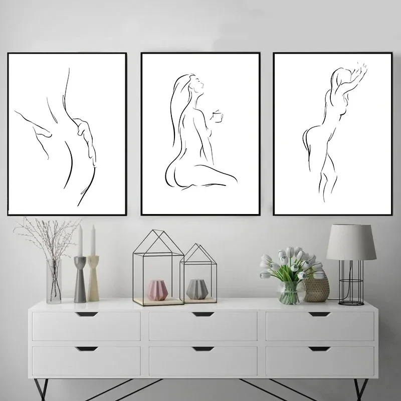 Minimalist Style Couple Wall Art, Canvas Painting, Line Drawing, Hand, Love, Kiss Posters, Prints, Pictures, Home Decor