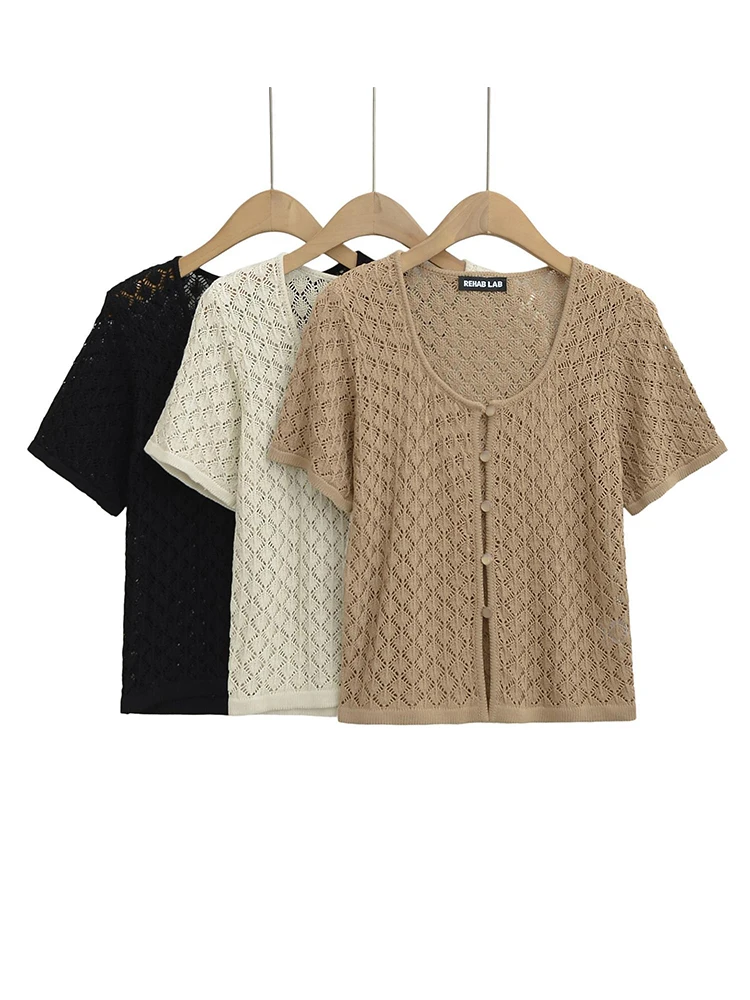 

Summer Hollow Out Cardigans Women Short Sleeve Single Breasted Solid Color Sweaters