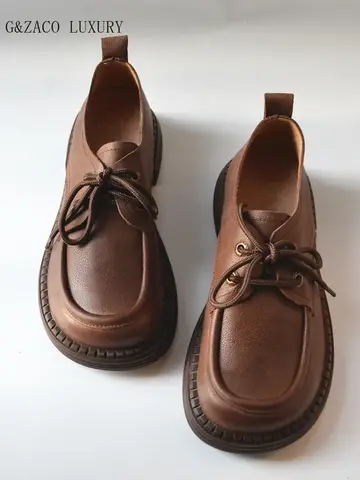 천연 가죽 와이드 토 큰 코 신발, 레트로 영국 아카데미 로우 힐, 부드러운 여성 신발