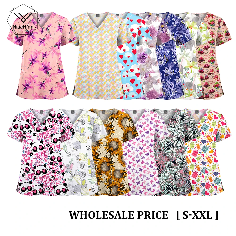 Wholesale Surgical Uniforms Woman Nurse Doctor Work Scrubs Top Fashion Printing Uniform V-neck Short Sleeved T-shirt Accessories