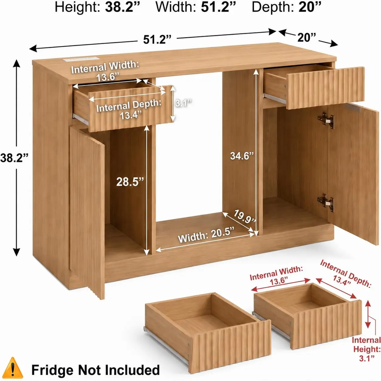 Large Coffee Bar Cabinet with Fridge Space, Fluted Mini Fridge Cabinet with Storage & Power Outlet, Modern Design, Customized
