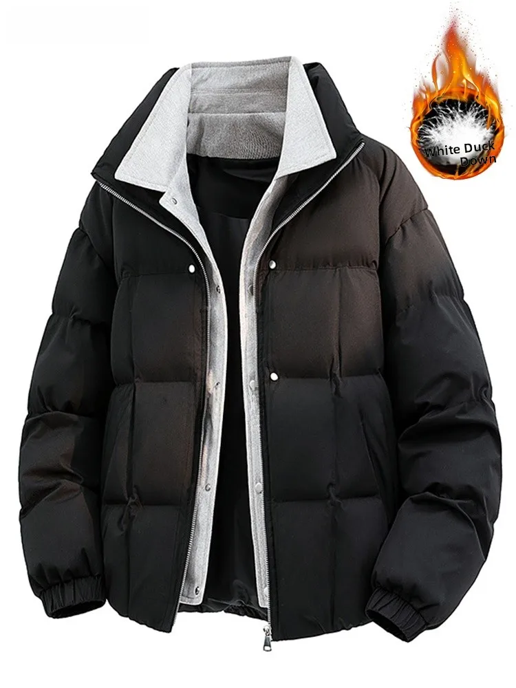 

Large Size Men's Puffer Jaet Fake Two-Piece Thiened Warm Windproof Cold-resistant Loose Fit Stand Collar Bread Sle Coat