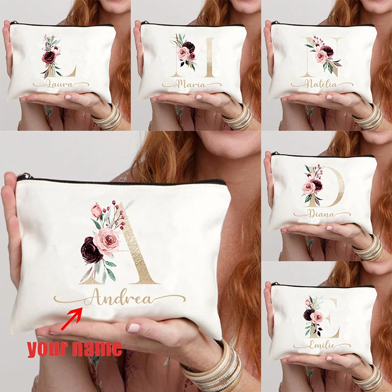 꽃 미학 모노그램 이니셜 맞춤형 이름 패턴 메이크업 가방, 여행 변기 보관 가방, 1 pc