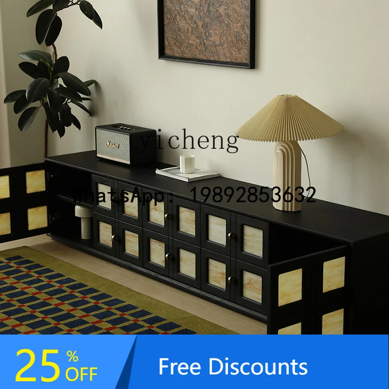 

medieval floor-to-ceiling TV cabinet retro black audio-visual short cabinet solid wood