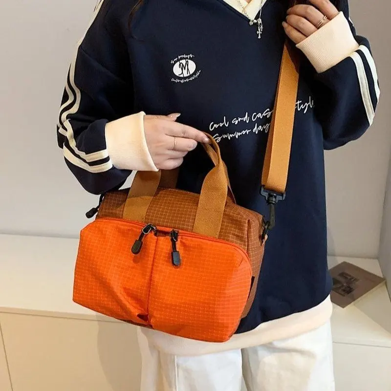 Women Orange Nylon Duffel Bag with Double Zipper Pocket Large Capacity Travel Gym Bag for Daily Shopping Work