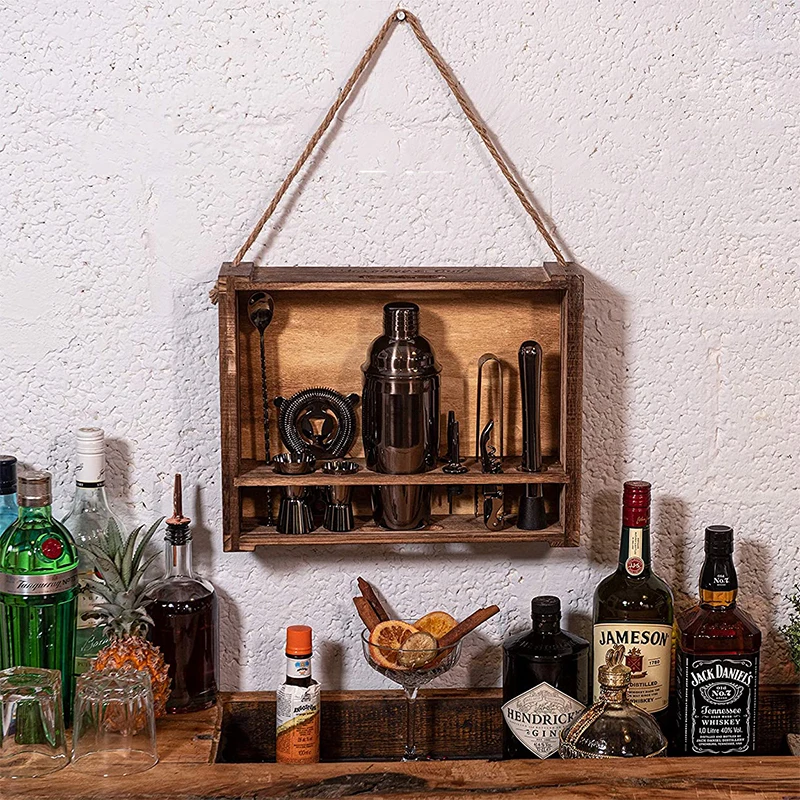 

Three-stage bartender set Stainless steel jazz black cocktail set, shaker cup, wooden frame wood