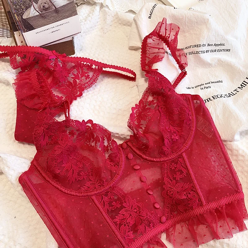 Floral Lace Embroidery Bras Set Mesh Dot Women Sexy Lingerie Thin Push up Bralette Bra Thong Set See Through Red Underwear Sets