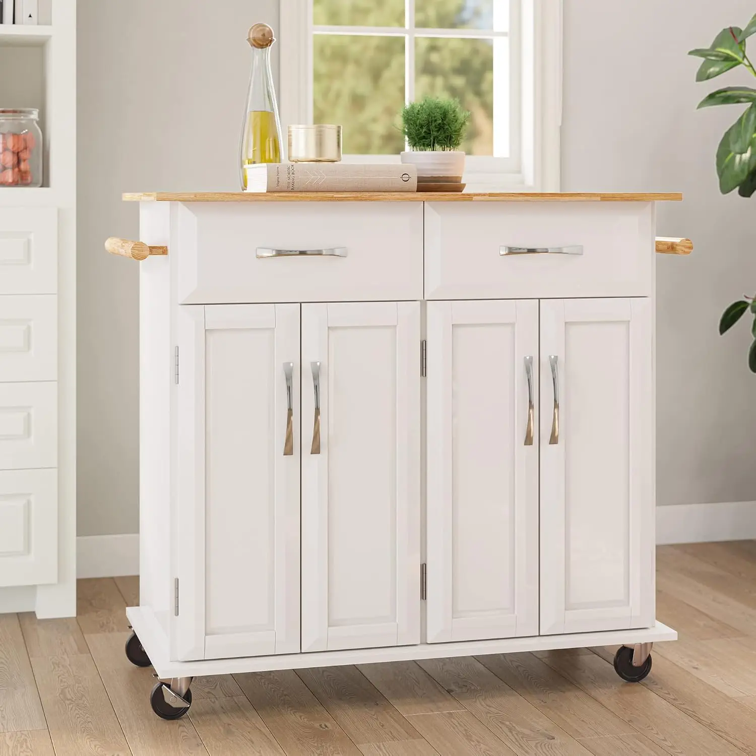 Rolling Kitchen Island Cart on Wheels with Storage Cabinet, Mobile Kitchen Cart Island Table with 2 Drawers Towel Racks