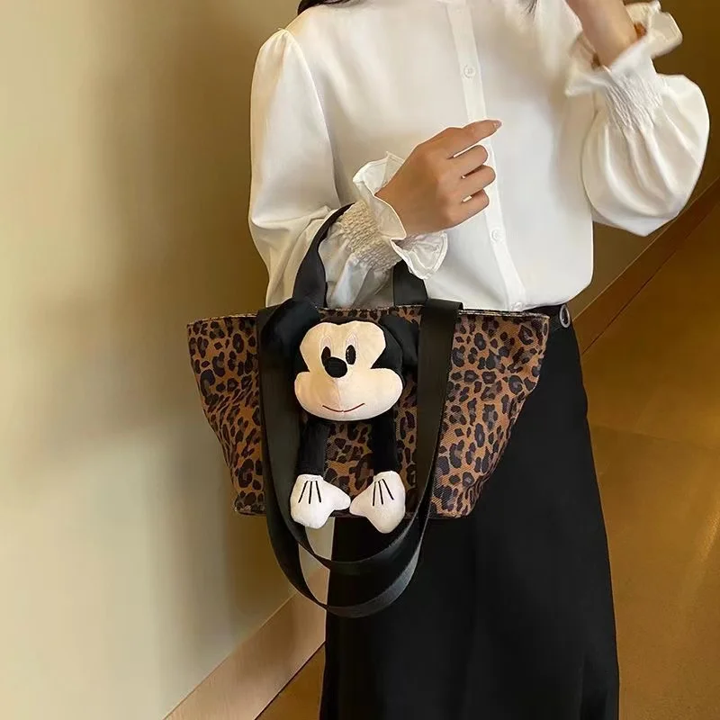 

Leopard print canvas bag women's shoulder crossbody bag 2024 new Mickey doll tote bag large capacity lightweight shopping bag