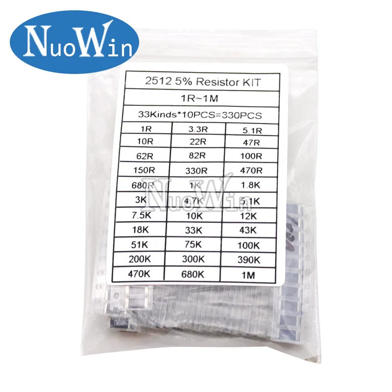 Kit de resistencias de Chip SMD, 1W, surtido de muestras, 1R - 1M ohm, 33valuesx10uds, 330 Uds./lote, 2512 5%