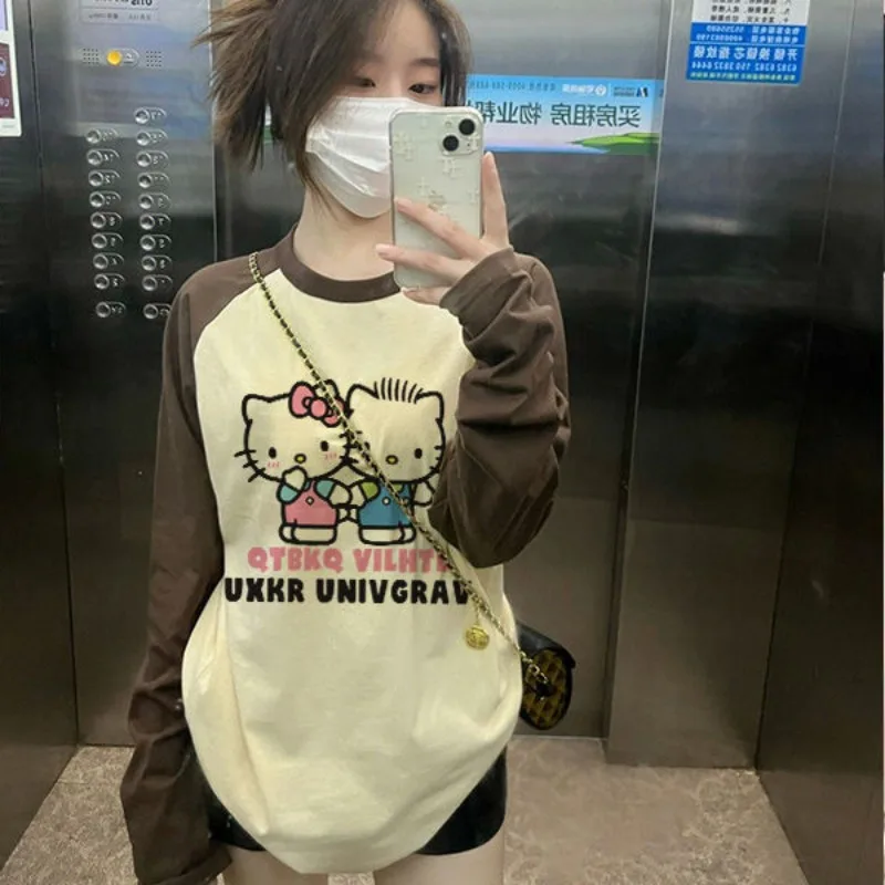 

New Hello Kitty T-shirt Miniso Cute Pure Cotton Color Collision Dopamine Printing Long Sleeves Leisure Versatile Bottoming Shirt