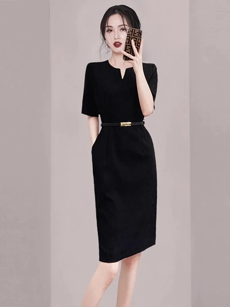 2024 Women's Clothing Black short-sleeved fitted dress Spring Summer New No.69