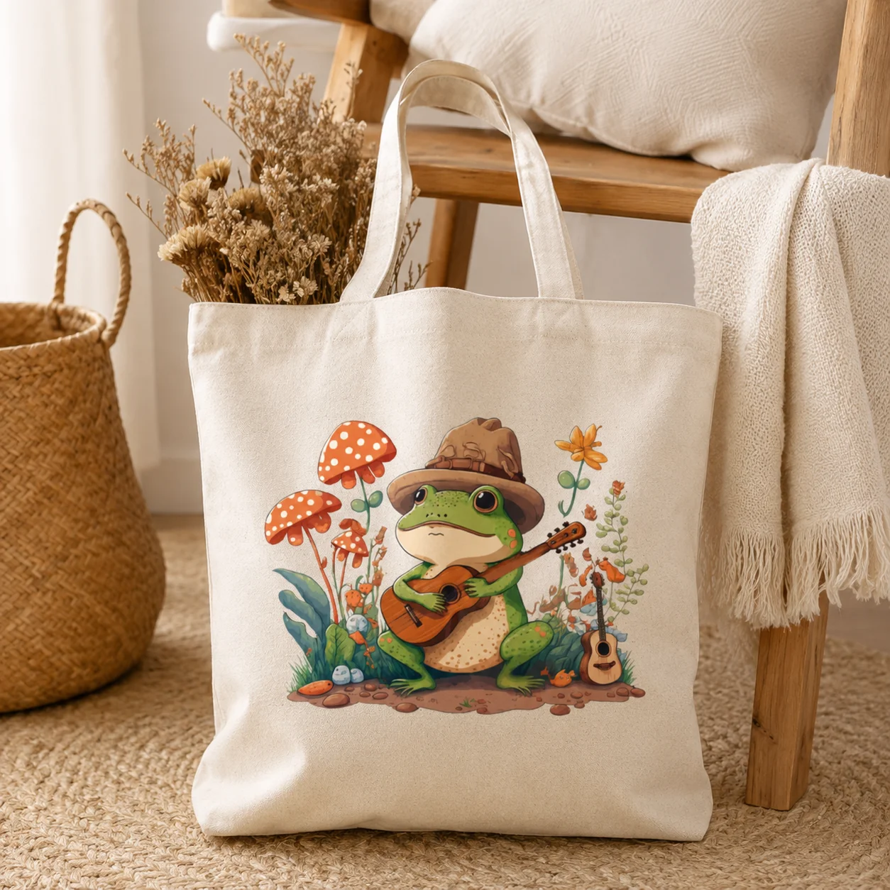 Cute Frog Playing Guitar Canvas Tote Bag Mushroom Floral Nature Graphic Shoulder Bag Casual School Shopping Handbag for Women