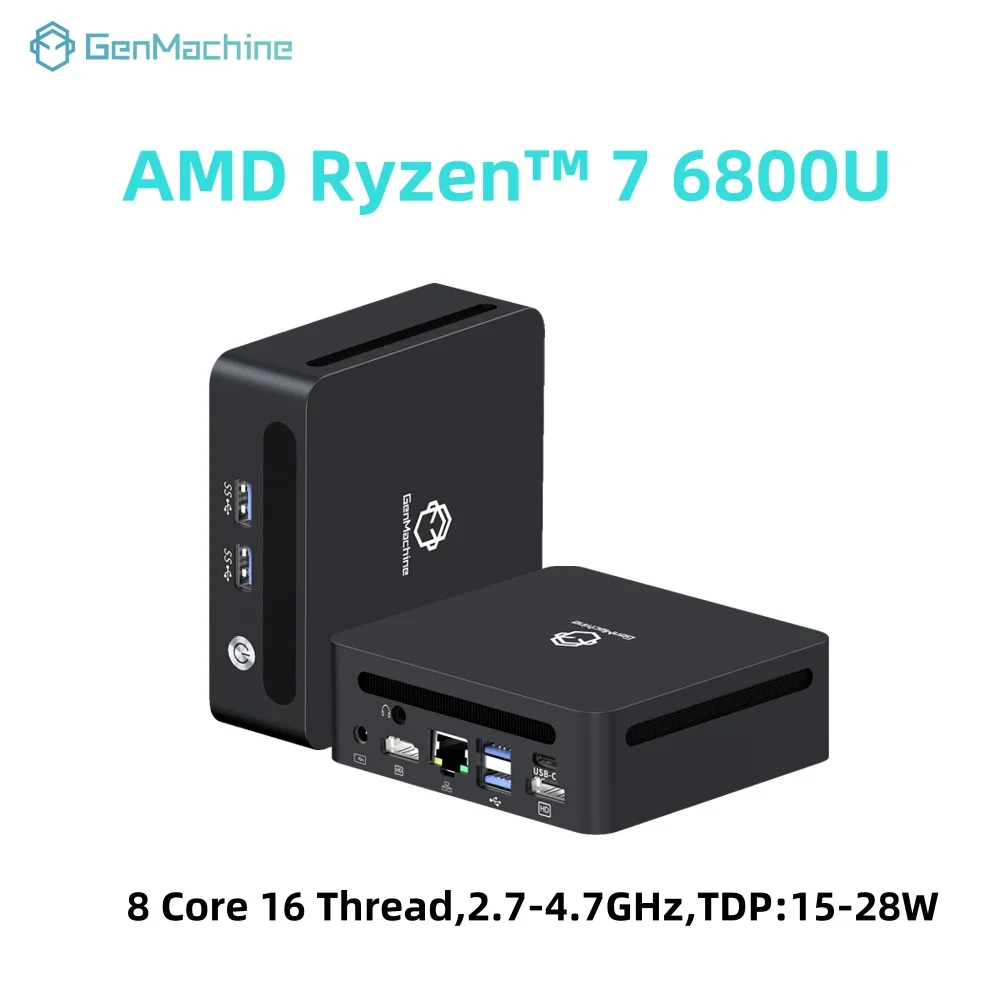 GenMachine AMD Ryzen 7 6800U Mini PC 4.7GHz 28W 8 Core 16 Filettatura Windows 11 DDR5 24G 6400Mhz 2.5G LAN USB4 WIFI6 Mini Pc Gaming