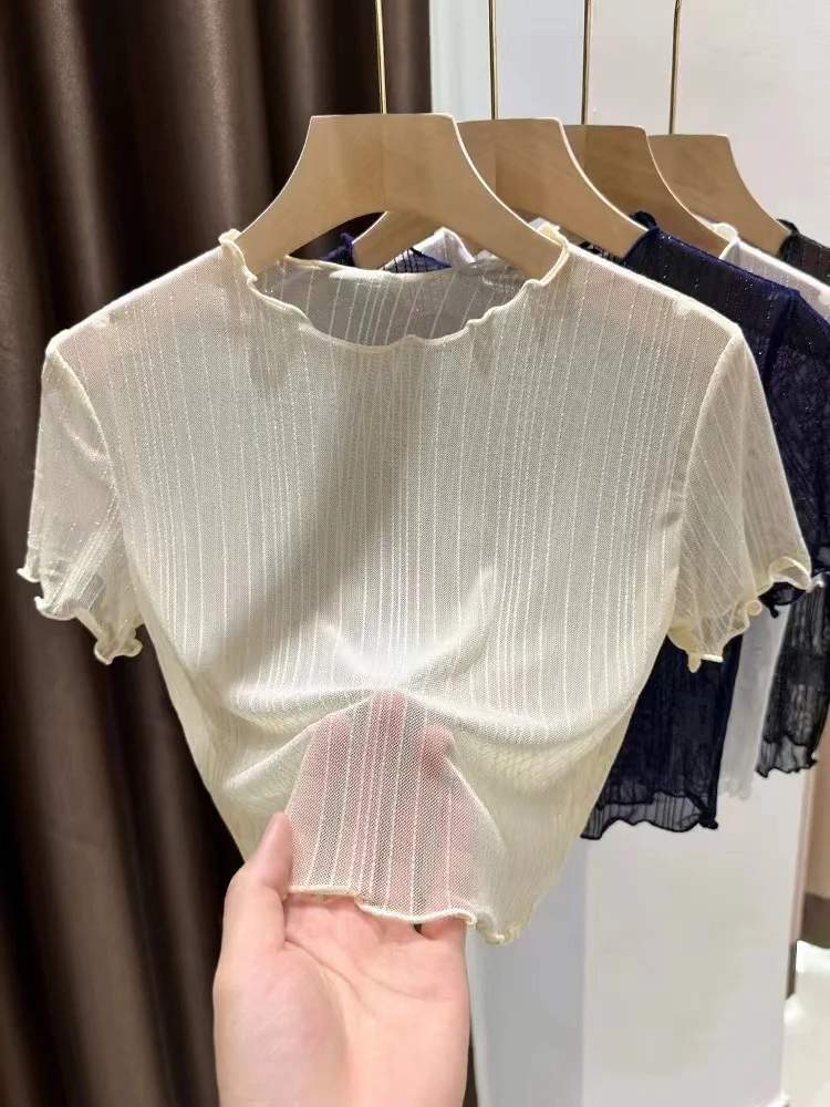 Csola de encaje para mujer, cseta sin mangas, csa básica de malla corta, tela fina, cuello ter, línea de patrón a...