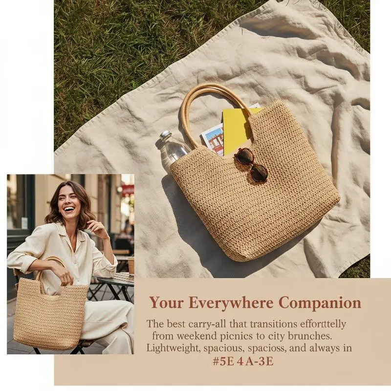 Straw Woven Summer Beach Tote Bag Large Capacity Non-deformable Handles for Vacation Picnic Grocery Shopping Use