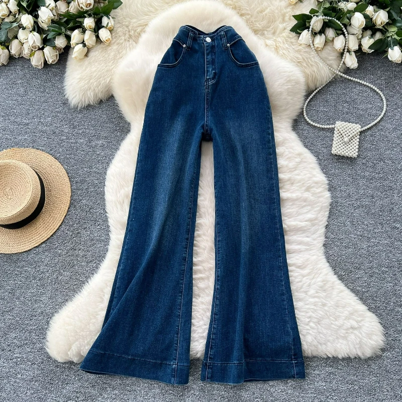 

Женские джинсы, расклешенные брюки, длинные брюки с карманами и высокой талией на пуговицах, потертые джинсовые брюки длиной до пола, повседневные винтажные осенние брюки