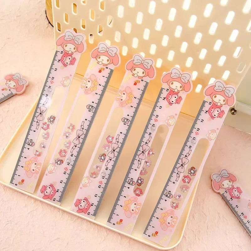 1Pcs Cute Sanrio Mymelody Kuromi Cinnamoroll Hangyodon Pochacco Ruler Multifunction DIY Drawing Rulers Kids Stationery gift