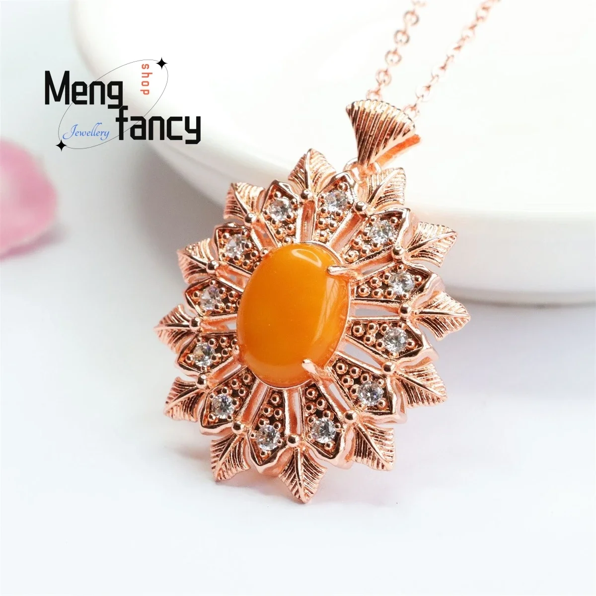 Natural Amber Old Material Honey Wax Full Snow Flower Pendant Necklace Simple Personality Fashion Charm Exquisite Women Jewelry