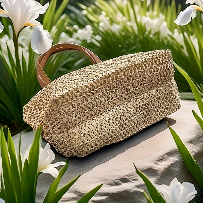 Modische und vielseitige gewebte Damentasche mit Reißverschluss für Reisen, Strandtasche mit großem Fassungsvermögen, Handtasche – Detail 7