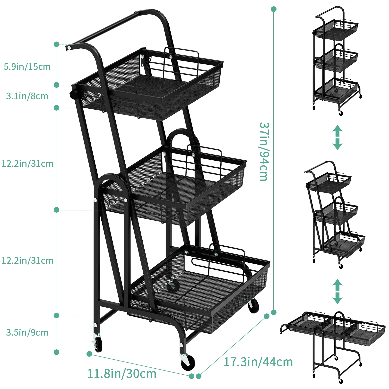 3-Layer Rolling Foldable Metal Storage Cart With Detachable Mesh Basket Space-Efficient Fruits Vegetables Organizer Storage Rack