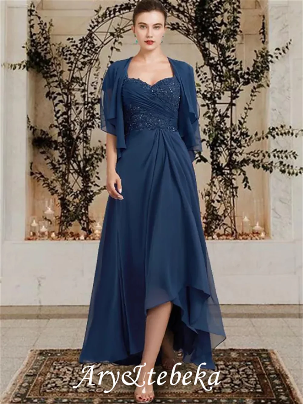 

Mother of the Bride Dress Elegant Wrap Included Square Neck Asymmetrical Tea Length Chiffon Lace Cap Sleeve with Sequin Applique