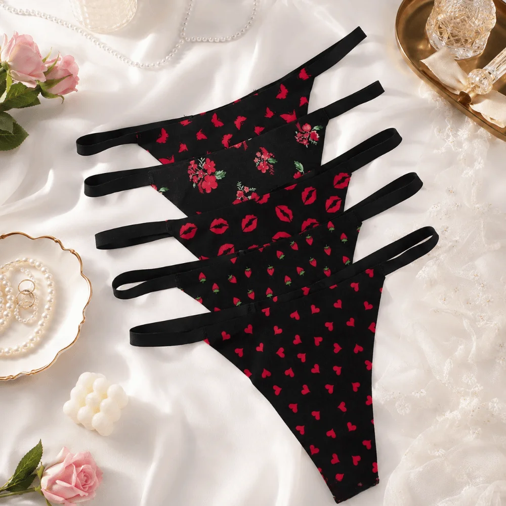 Underpants Seamless Women Thongs Low-waist Lingerie Ice Silk Panties Strawberry Flower Heart T-back Briefs Daily Use
