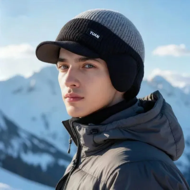 Ear Flap Winter Knit Baseball Cap Windproof Thermal Visor Beanie Hat for Men Outdoor Daily Street Wear