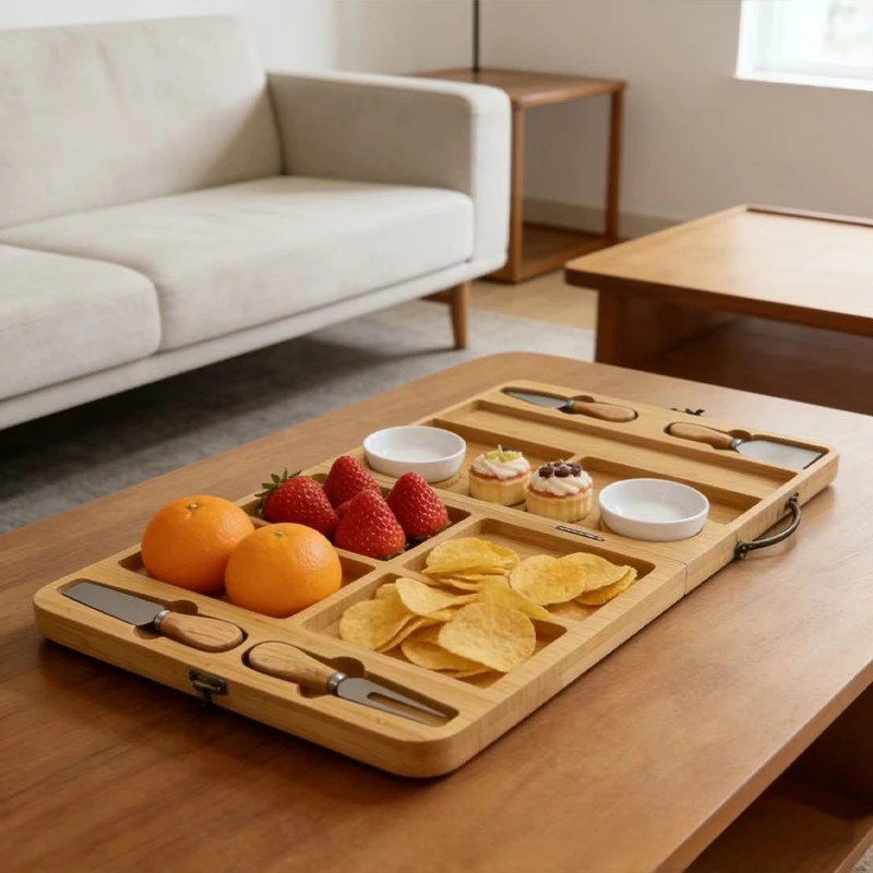 Multifunctional Foldable Wooden Cheese Serving Board Handheld Charcuterie Tray for Fruit Bread Butter Snack Dinner Plates