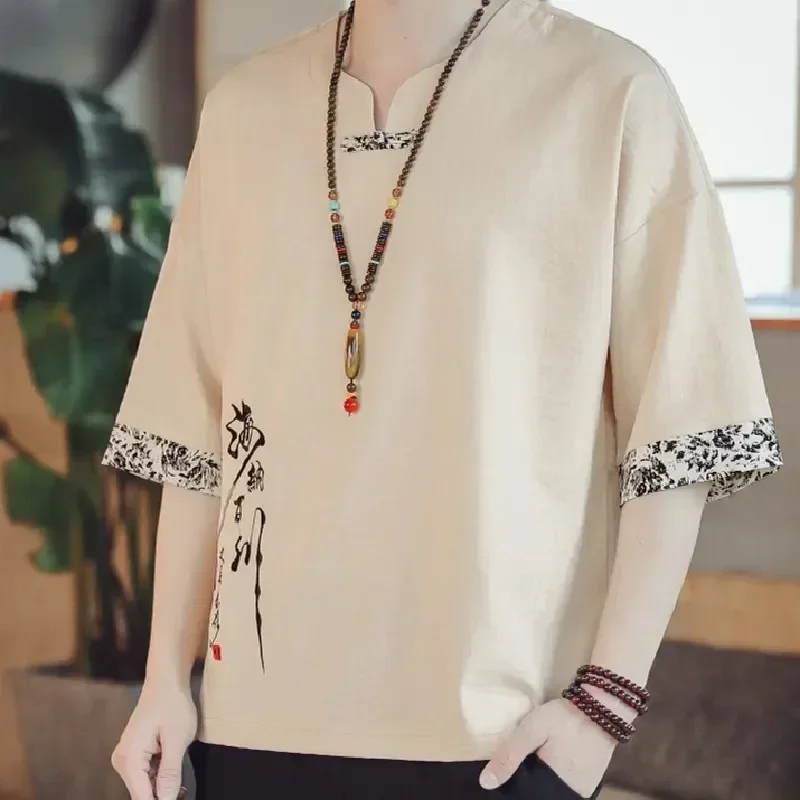 2024 Summer Chinese Style Men's Retro Embroidery Print T-shirt Top Tang Suit Zen Tea Linen Shirt Kimono Cover Asian Clothing