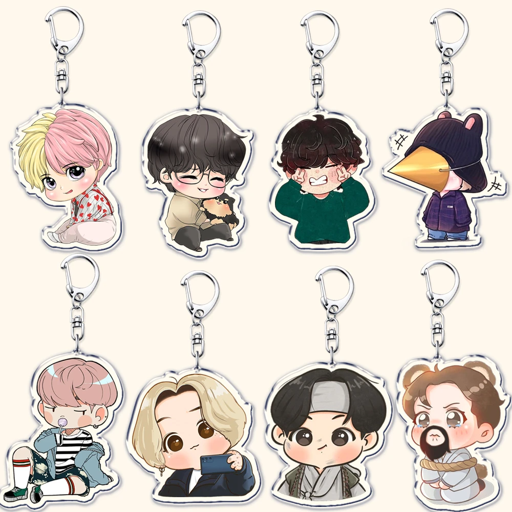 Popular Kpop Fshion Band Chibi Boys Keychain for Bag Accessories Cute Cartoon Fanart Key Chain Keyrings Jewelry Army Fans Gifts