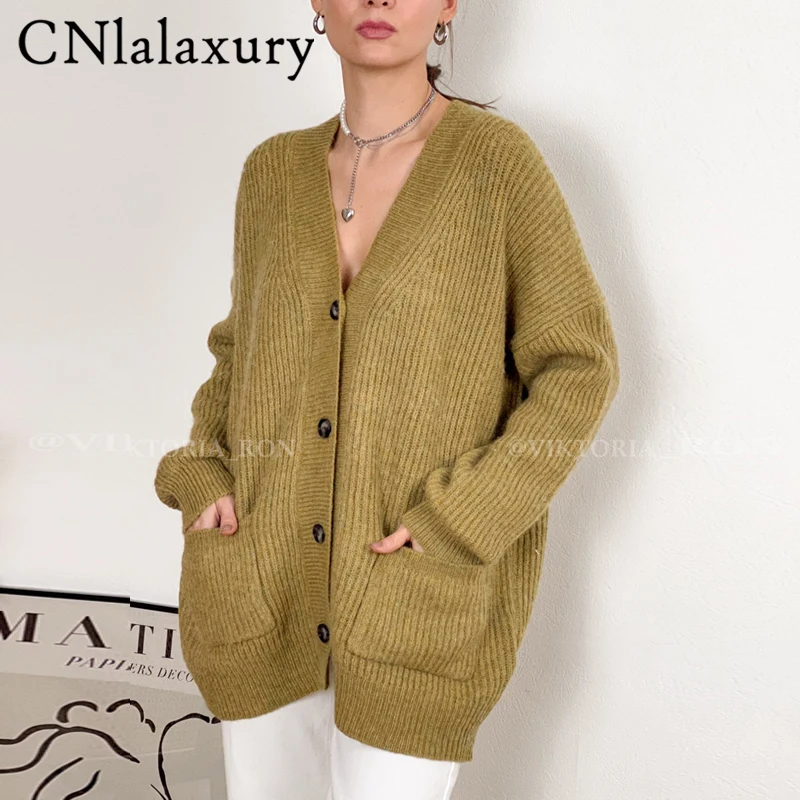CNlalaxury 2022 Women Oversized Thick Loose Knitted Cardigan Sweater Vintage Long Sleeve Button-up Female Outerwear Chic Tops