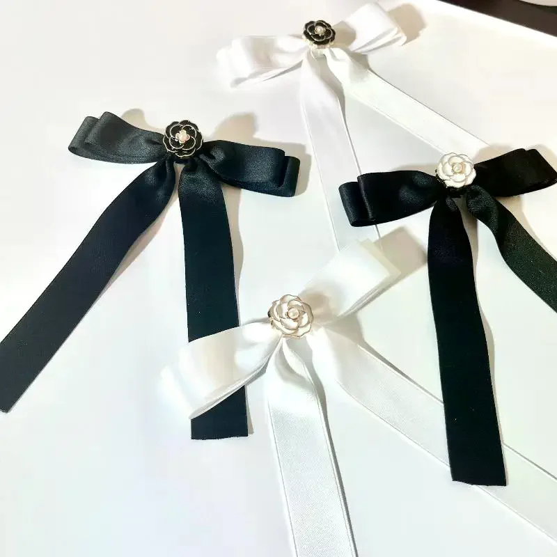 Temperament Black White Camellia Bow Brooch Mourning Corsage Pin Bowknot Neck Tie Brooch Shirt Collar Accessories For Woman