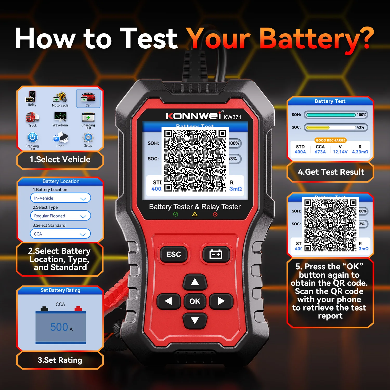 2026 KONNWEI KW371 2in1 Car Battery Tester & 4 Pin 5 Pin Relay Tester 6V 12V 24V Fault Data Print Start Test Charging Scan Tool