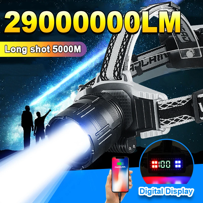 

29000000LM Мощный светодиодный налобный фонарь, USB аккумуляторная фара, фонарики дальнего действия 5000 м, налобный фонарь для кемпинга, рыбалки, налобный фонарь