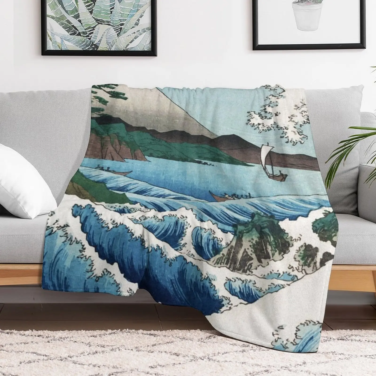 Hiroshige the Sea off Satta Japan with volcano, crashing waves and fishermen by Japanese ukiyo-e artist nature vin Throw Blanket