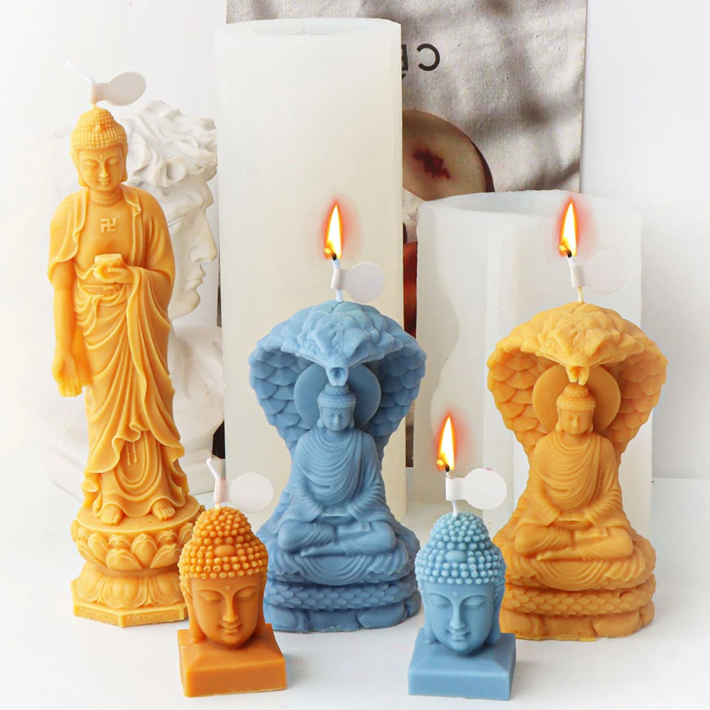 Snake Standing Buddha Statue Silicone Candle Mold Lotus Flower Sakyamuni Resin Plaster Mould Chocolate Mold Spirit Tablet Decor