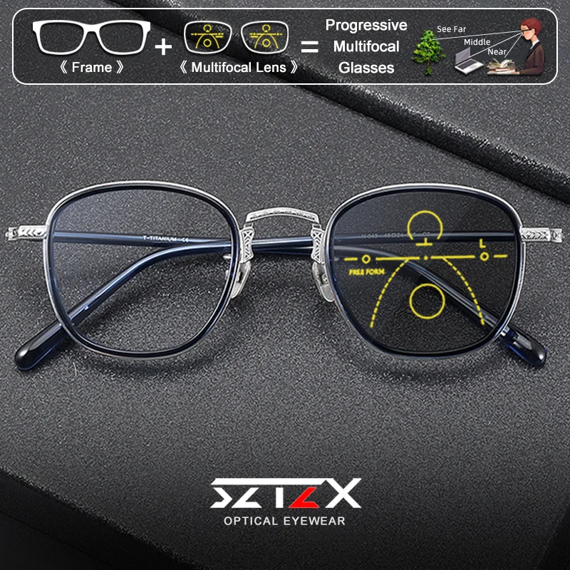 Lunettes de vue unisexes SZTZX à monture carrée en titane, anti-lumière bleue, photochromiques, progressives, pour usage quotidien