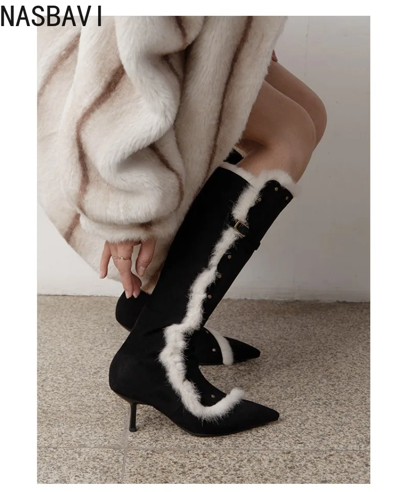Brown Suede Women Winter Long Boots Pointed Toe Rabbit Fur Knee High Heels Snow Botas Side Zipper Black Thin Strap Buckle Botine