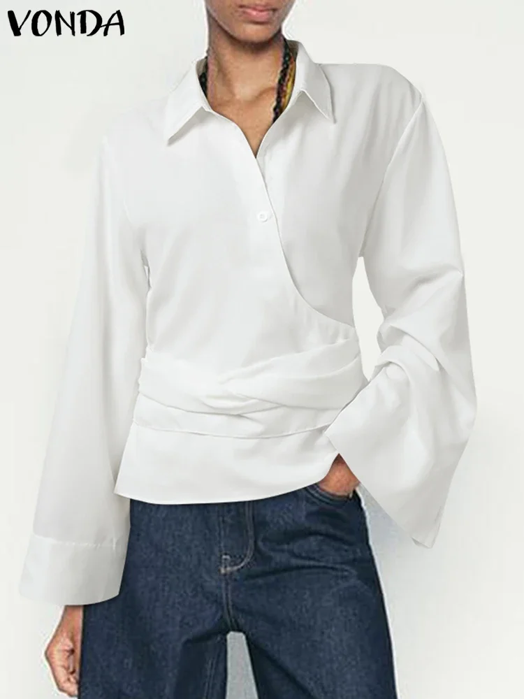 

VONDA Women Fashion Shirts 2025 Autumn Long Sleeve Elegant Office Lady Tops Solid Blouses Casual Lapel Collar Bandage Shirts