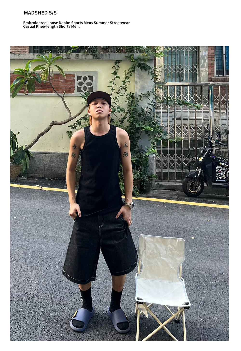 Bestickte lose Jeans shorts Herren Sommer Streetwear schwarze knielange Jeans shorts – Detail 3