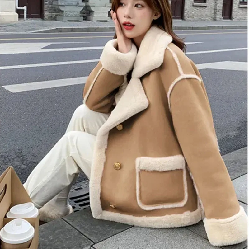 Lambs Wool Coat Women Turtleneck Sweet Pink Winter Faux Fur Outwear Fluffy Thick Padded Warm Korean Jacket Female Tops